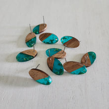 Load image into Gallery viewer, Transparent Resin with Gold Foil & Walnut Wood Oval Stud with Post - DEEP SKY BLUE, 304 Stainless Steel