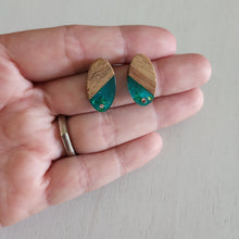 Load image into Gallery viewer, Transparent Resin with Gold Foil & Walnut Wood Oval Stud with Post - DEEP SKY BLUE, 304 Stainless Steel
