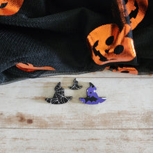 Load image into Gallery viewer, Halloween Patterned Wood Crooked Witch Hat Studs & Drops