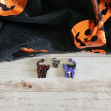 Load image into Gallery viewer, Halloween Patterned Wood Cat with Arched Back Studs & Drops
