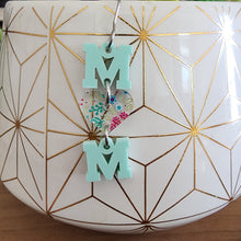 Load image into Gallery viewer, MOM Patterned Acrylic Triple Heart Center Drops