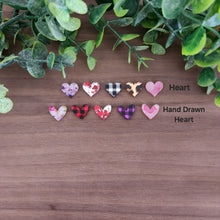 Load image into Gallery viewer, Patterned Acrylic Heart &amp; Hand Drawn Heart Studs
