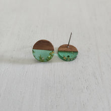 Load image into Gallery viewer, Transparent Resin with Gold Foil &amp; Walnut Wood Round Stud with Post - PALE TURQUOISE, 304 Stainless Steel
