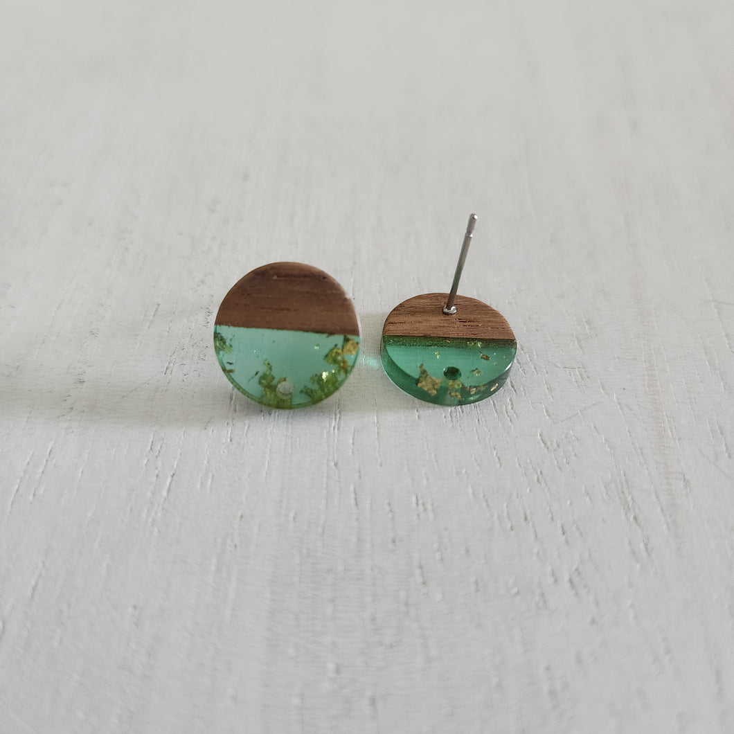 Transparent Resin with Gold Foil & Walnut Wood Round Stud with Post - PALE TURQUOISE, 304 Stainless Steel