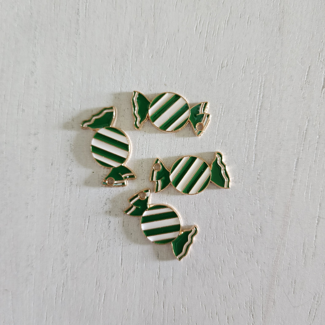 Christmas Green & White Enamel Striped Candy Charm/Pendant- GOLD, GREEN, WHITE