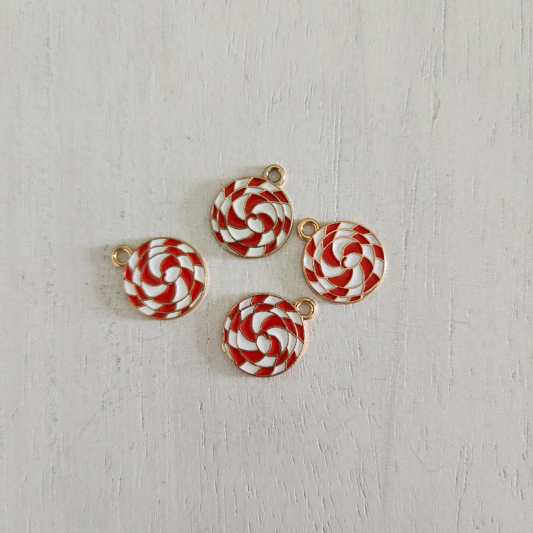 Christmas Red & White Enamel Twisted Spiral Mint Charm/Pendant- GOLD, RED, WHITE