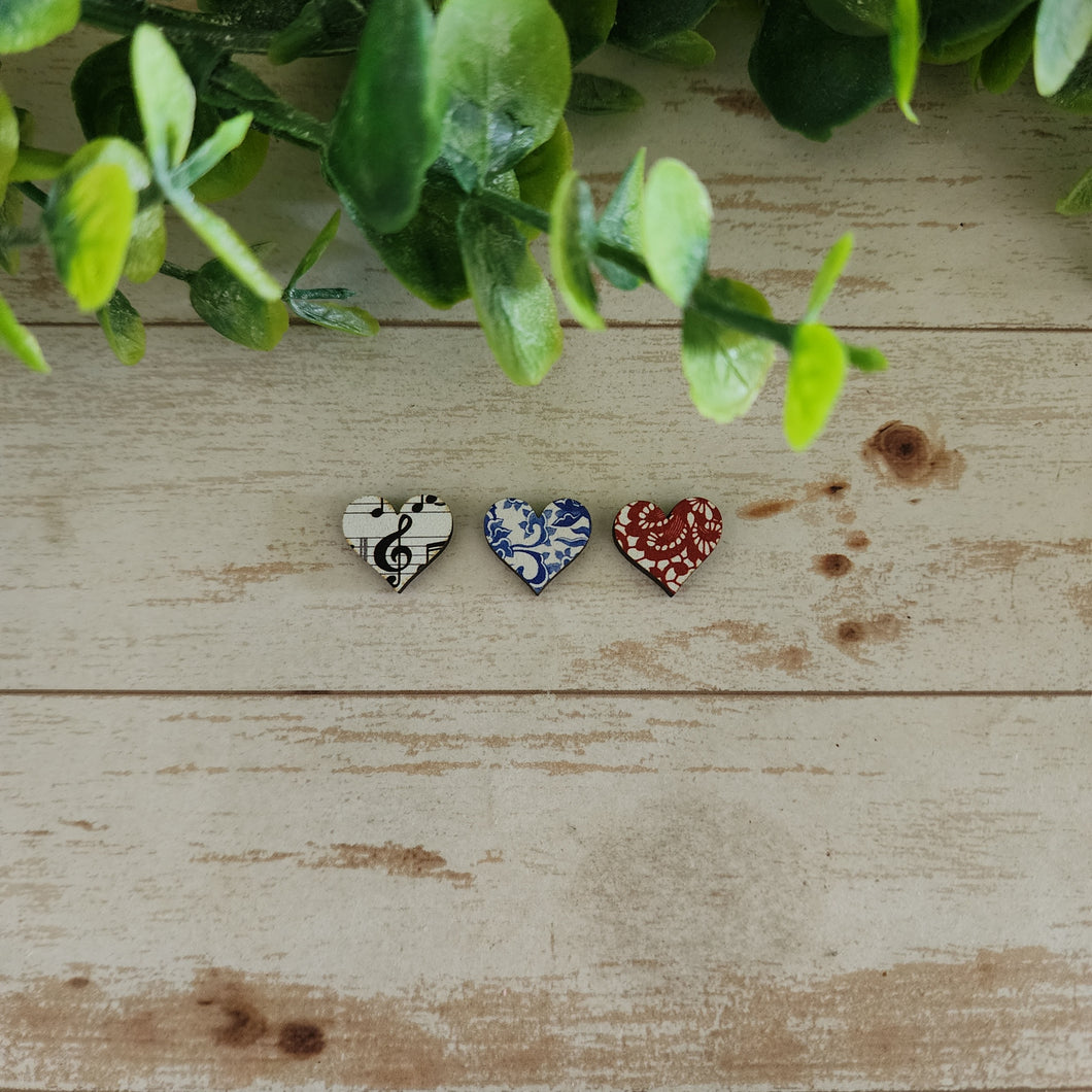 Patterned Wood Heart Studs