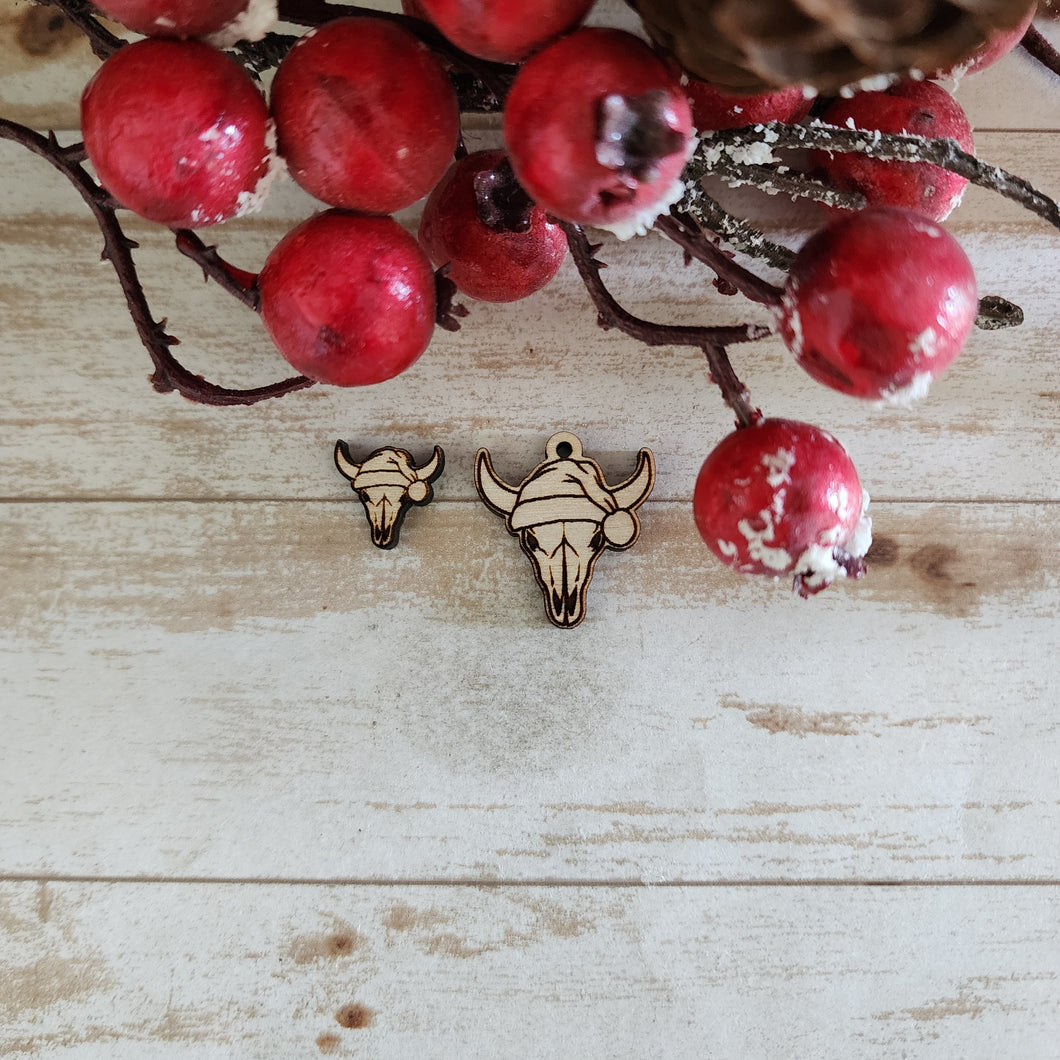 Christmas Cow Skull with Santa Hat Stud & Drop