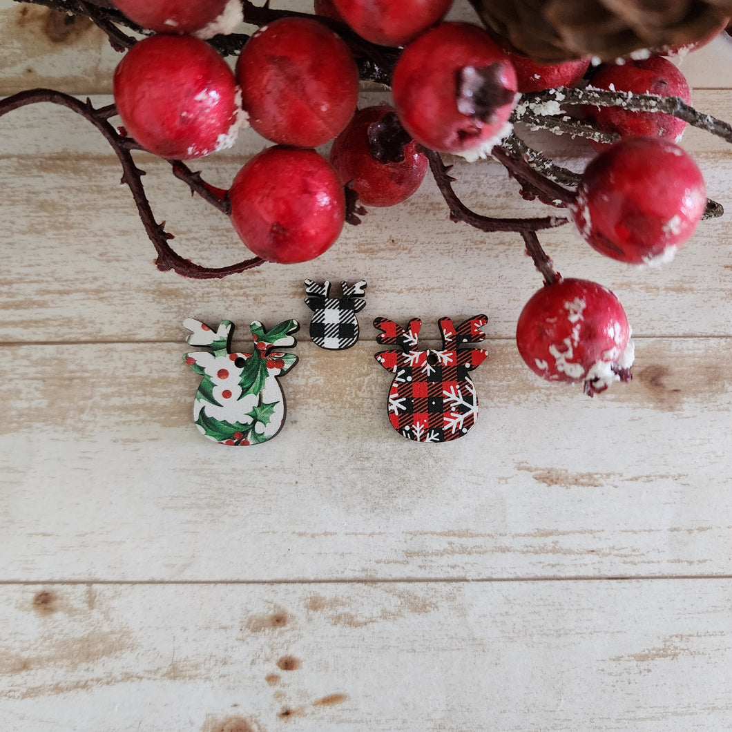 Christmas Patterned Wood Wide Reindeer Head Stud & Drops