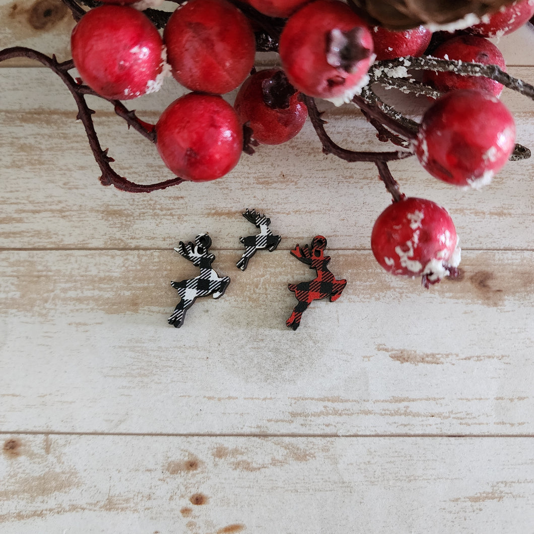 Christmas Patterned Wood Reindeer Studs & Drops