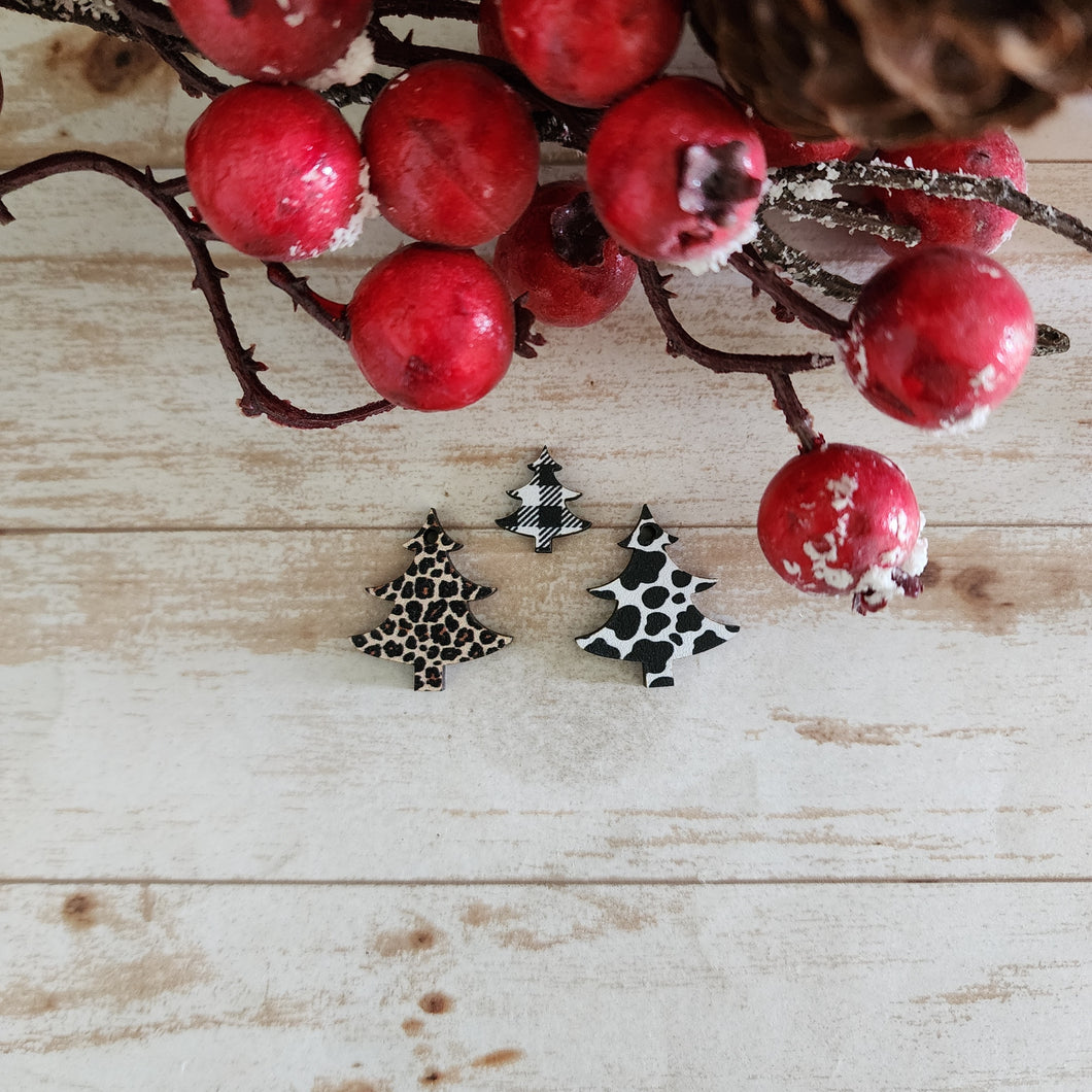 Christmas Patterned Wood Classic Tree Studs & Drops