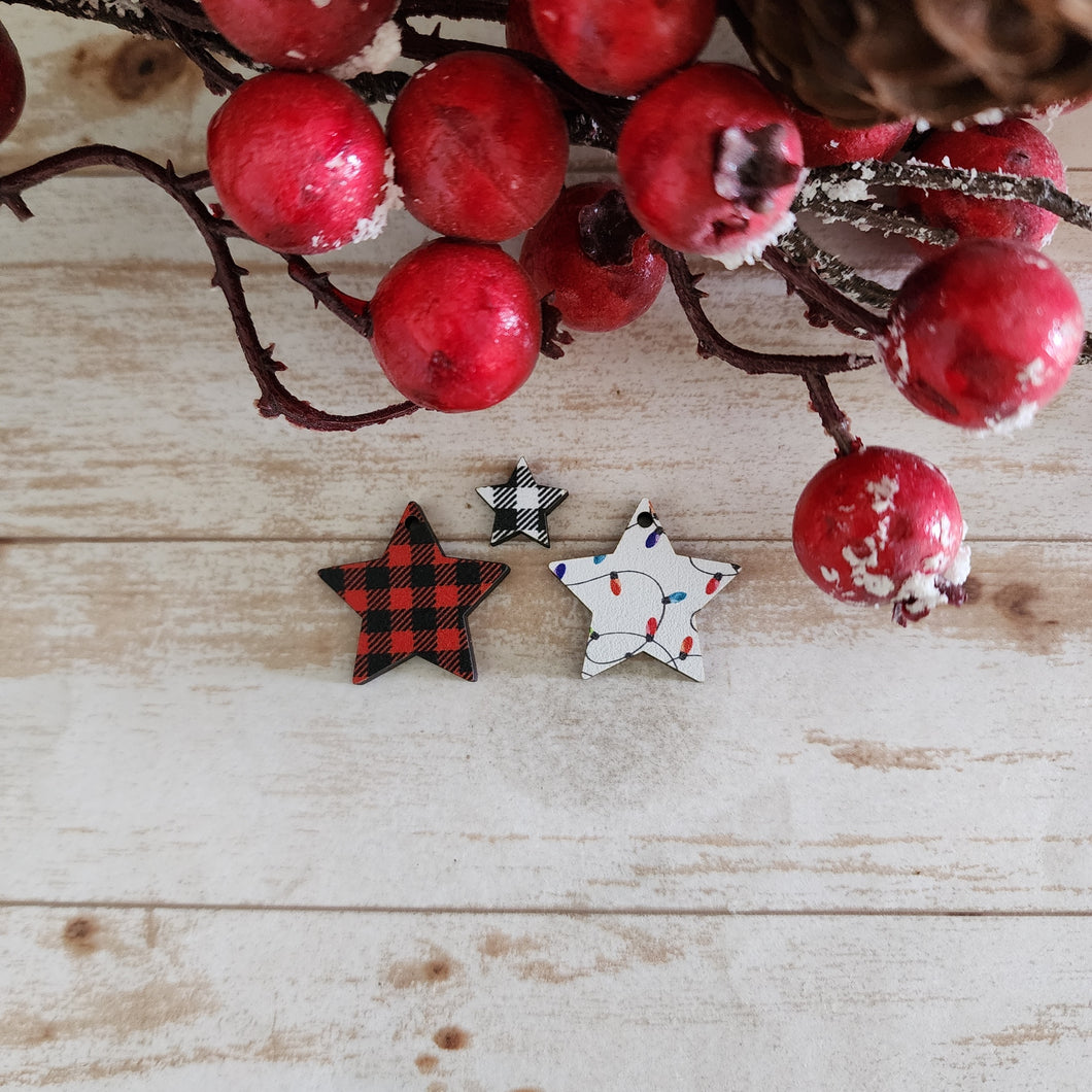 Christmas Patterned Wood Star Studs & Drops