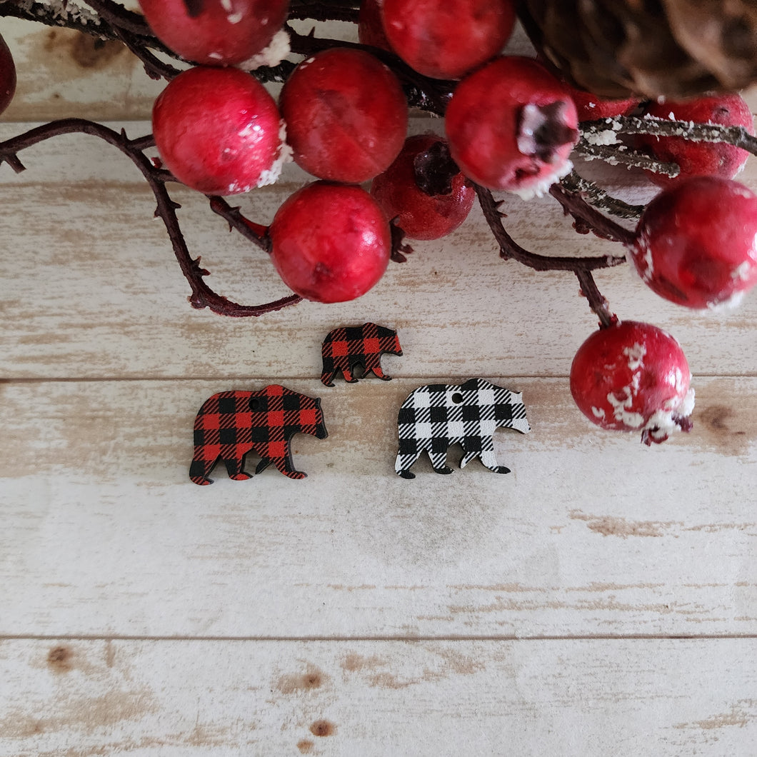 Christmas Patterned Wood Bear Studs & Drops