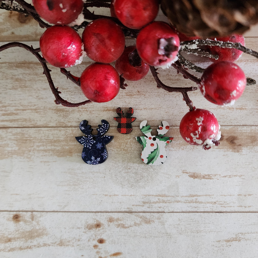 Christmas Patterned Wood Reindeer Head Studs & Drops