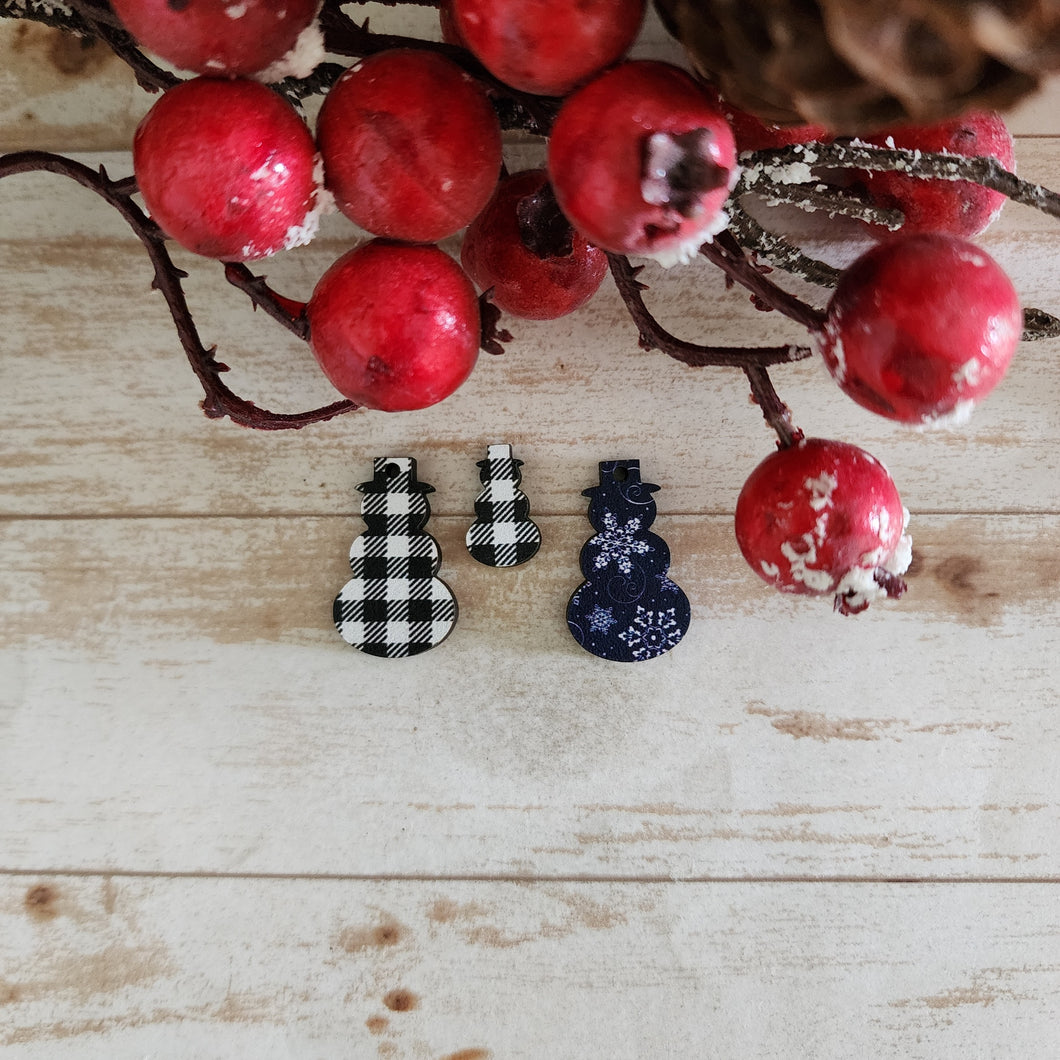 Christmas Patterned Wood Snowman Studs & Drops