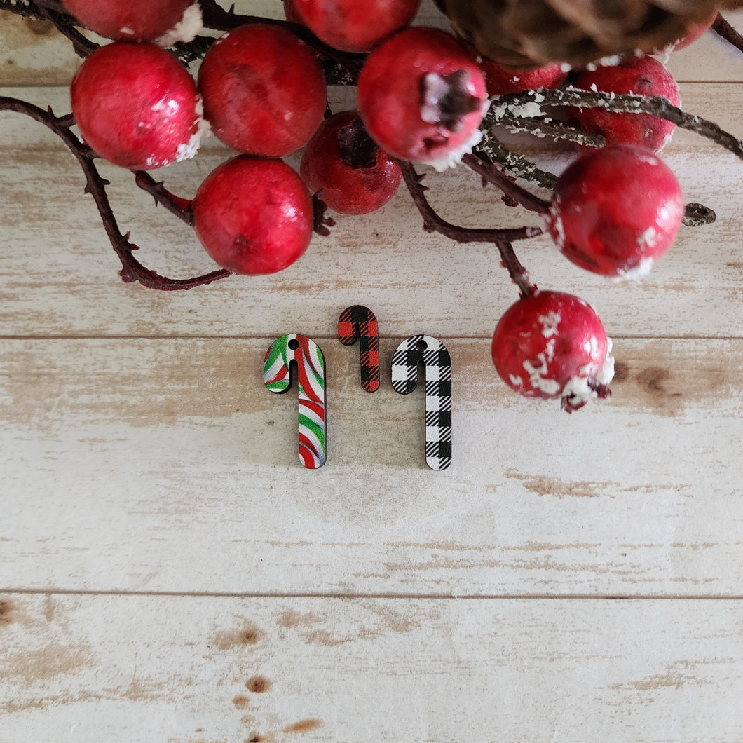 Christmas Patterned Wood Candy Cane Studs & Drops