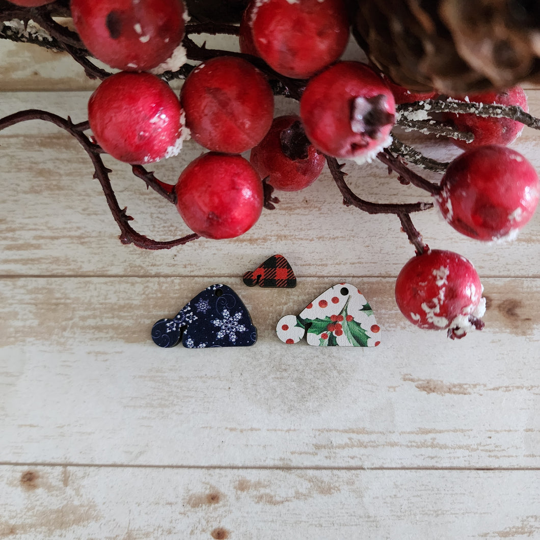 Christmas Patterned Wood Santa Hat Studs & Drops