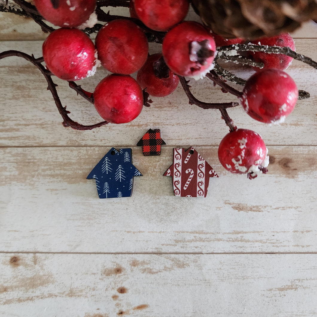 Christmas Patterned Wood Gingerbread House Studs & Drops