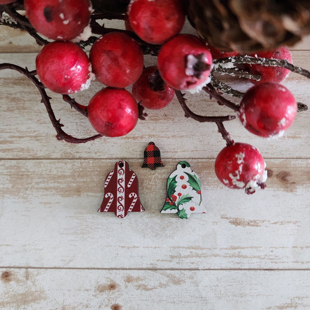 Christmas Patterned Wood Bell Studs & Drops