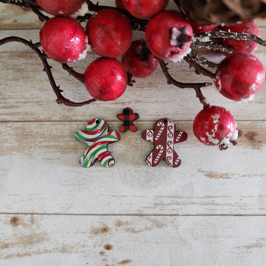 Christmas Patterned Wood Gingerbread Man Studs & Drops