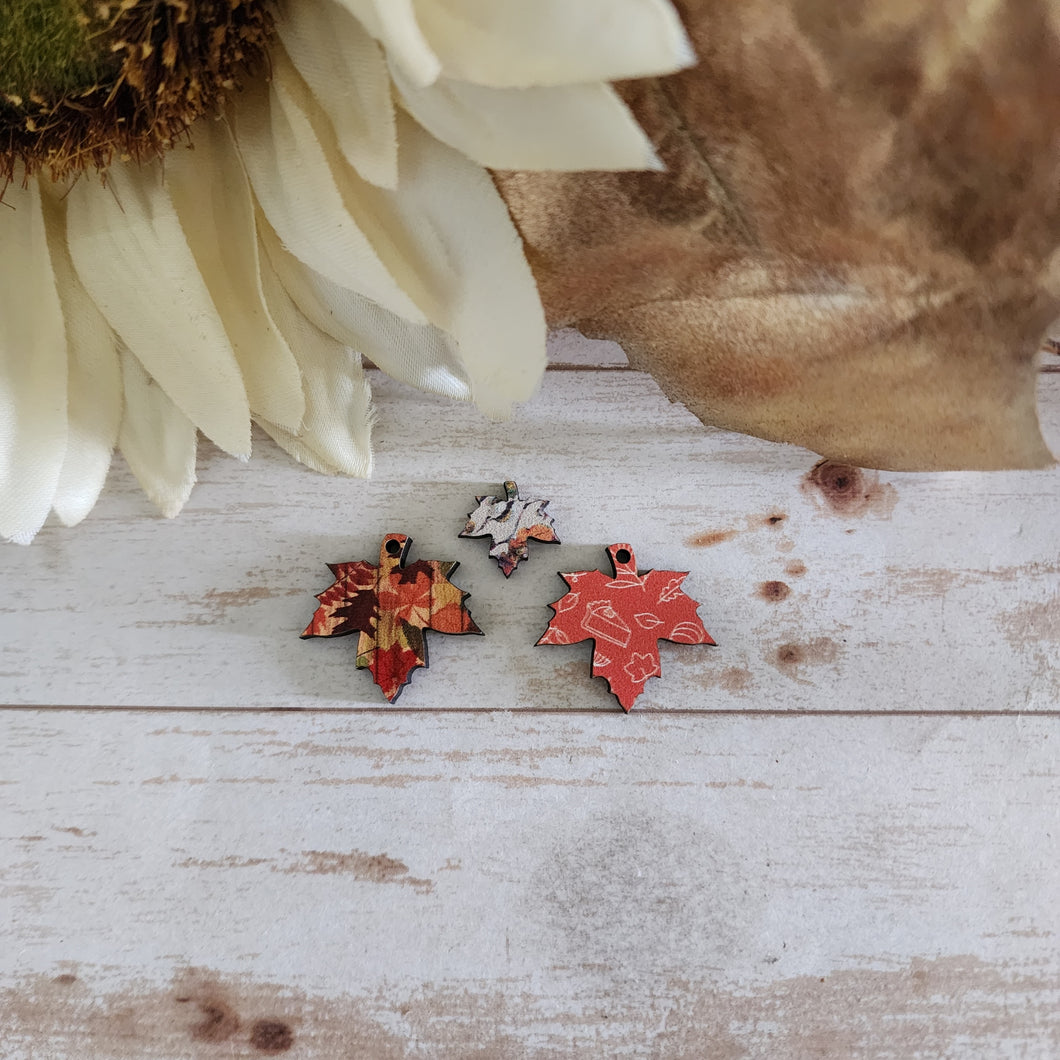 Fall Patterned Wood 3 Point Maple Leaf Studs & Drops