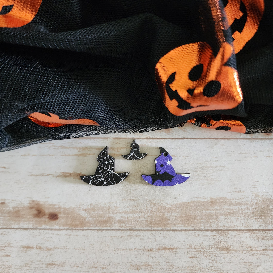 Halloween Patterned Wood Crooked Witch Hat Studs & Drops