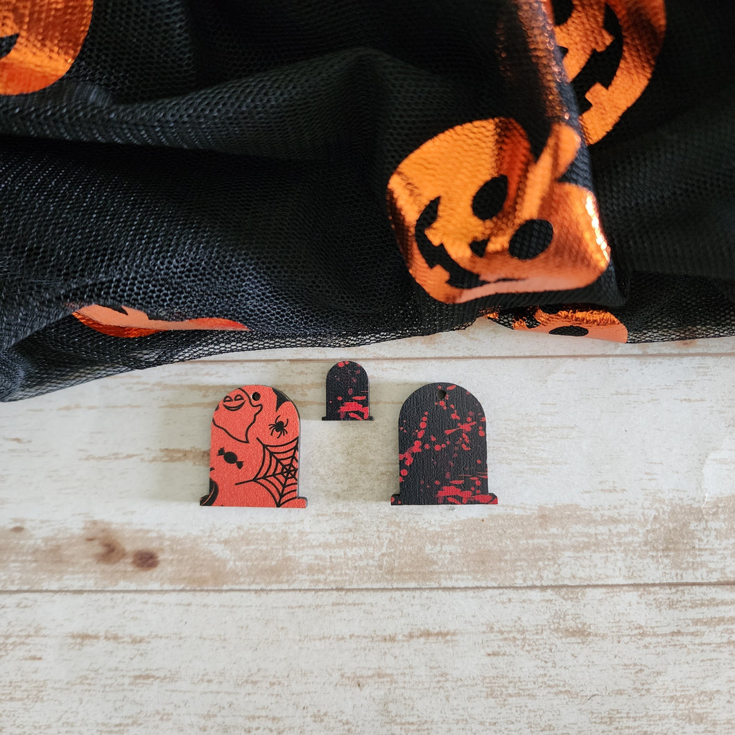 Halloween Patterned Wood Traditional Tombstone Studs & Drops