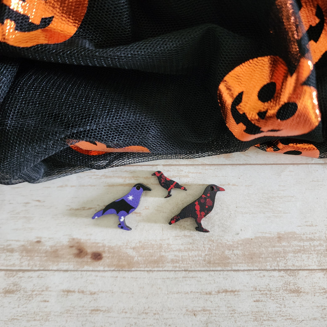 Halloween Patterned Wood Crow/Raven Studs & Drops