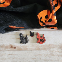 Load image into Gallery viewer, Halloween Patterned Wood Cat Sitting Side View Studs &amp; Drops
