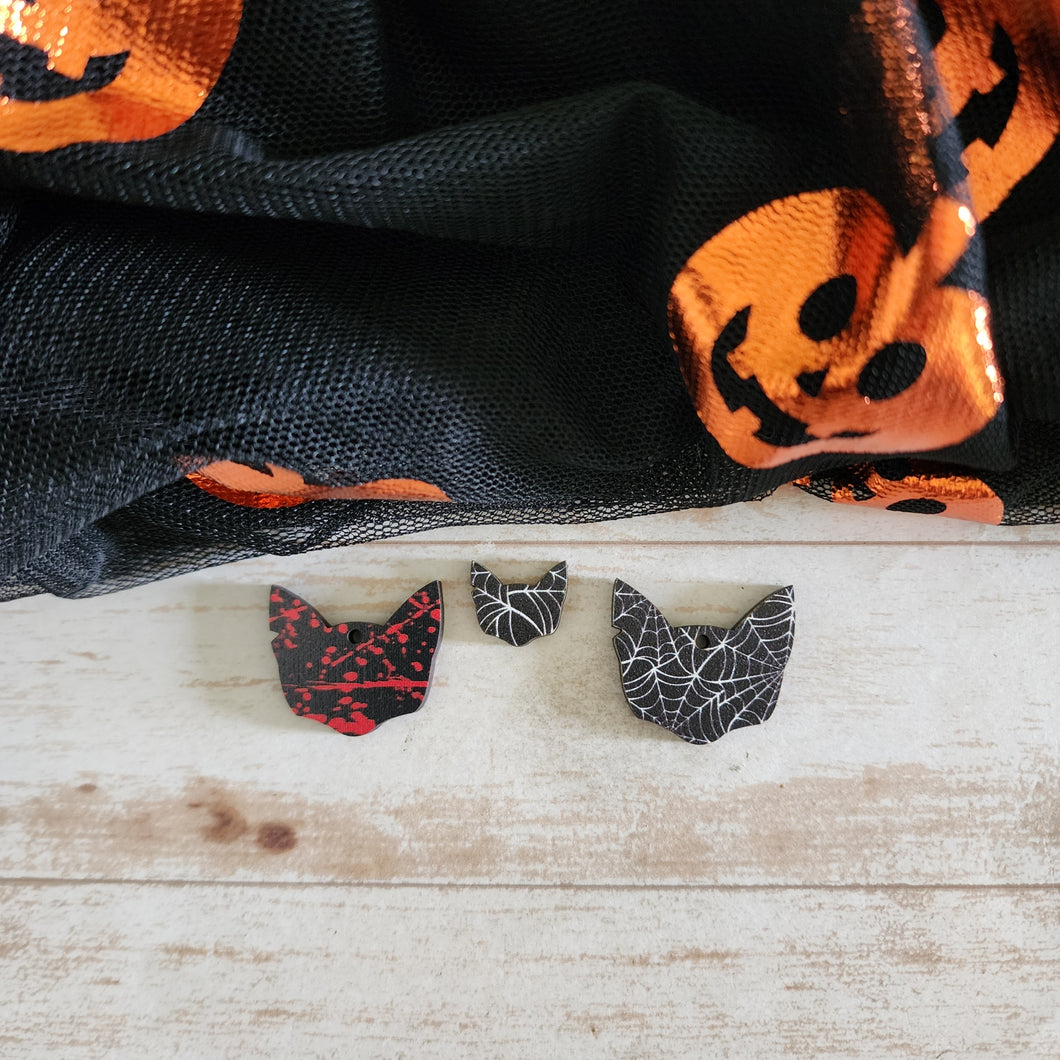 Halloween Patterned Wood Cat Head Studs & Drops