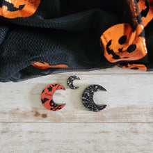 Load image into Gallery viewer, Halloween Patterned Wood Moon Studs &amp; Drops
