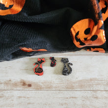 Load image into Gallery viewer, Halloween Patterned Wood Cat Sitting Front View Studs &amp; Drops
