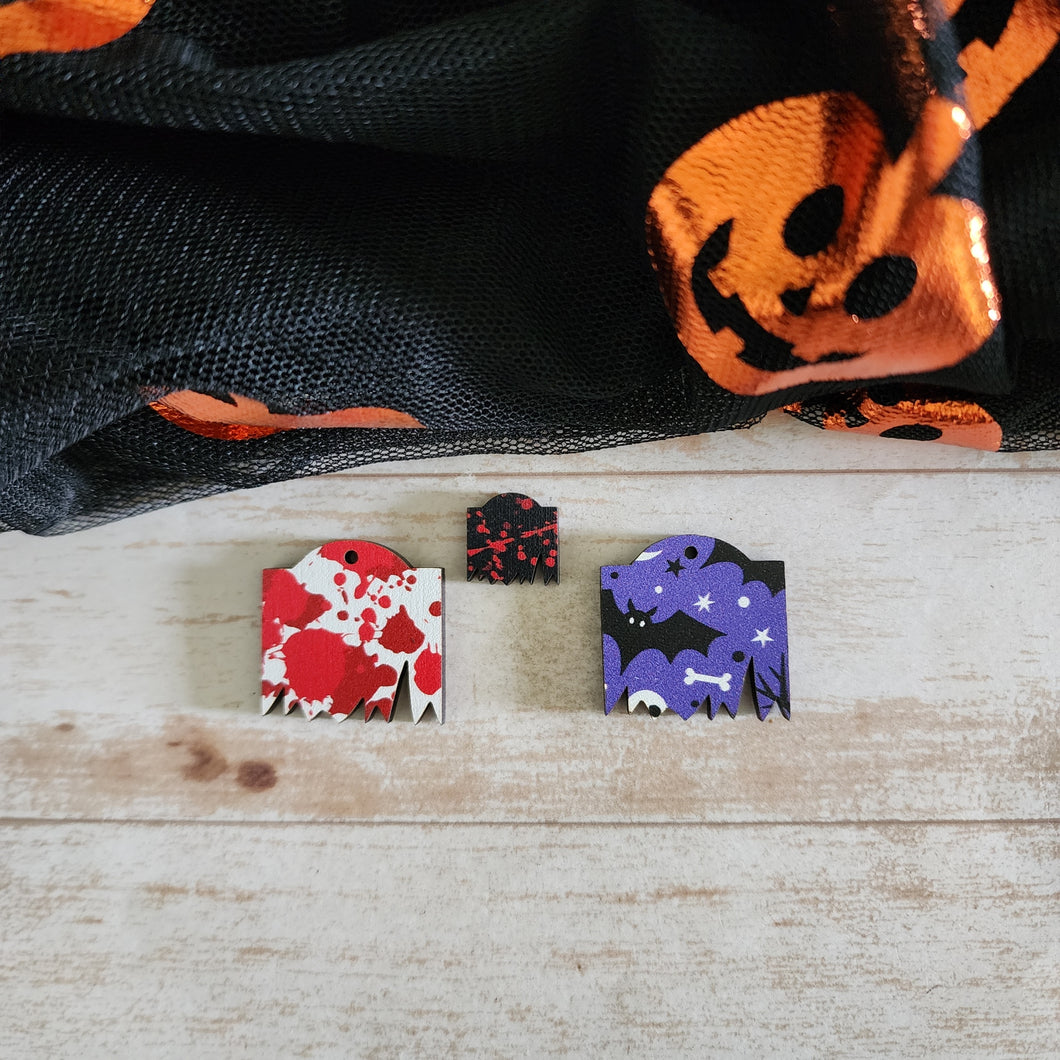 Halloween Patterned Wood Jagged Tombstone Studs & Drops