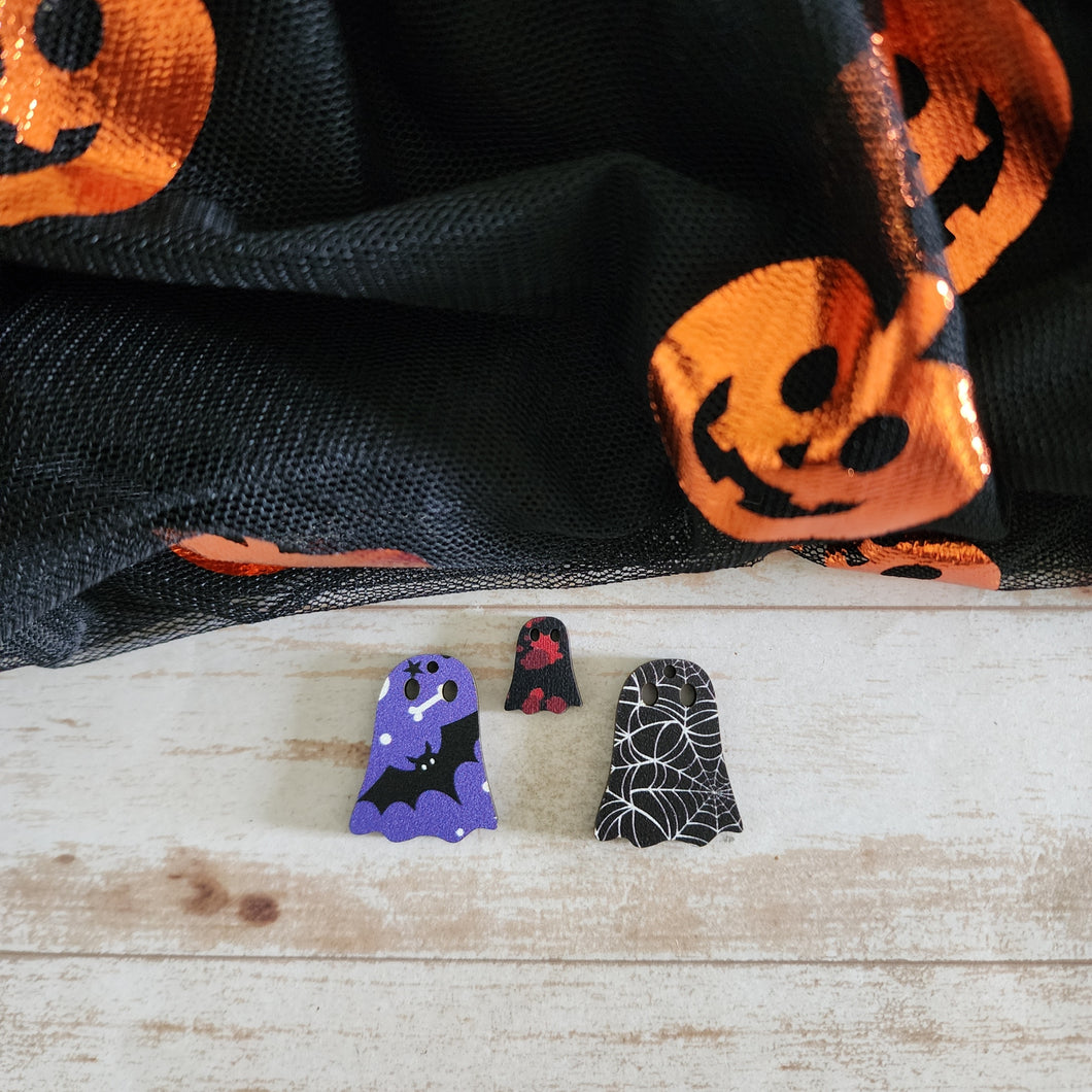 Halloween Patterned Wood Classic Ghost Studs & Drops