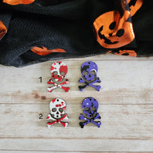 Load image into Gallery viewer, Halloween Patterned Wood Skull &amp; Crossbones 2 Piece Drops
