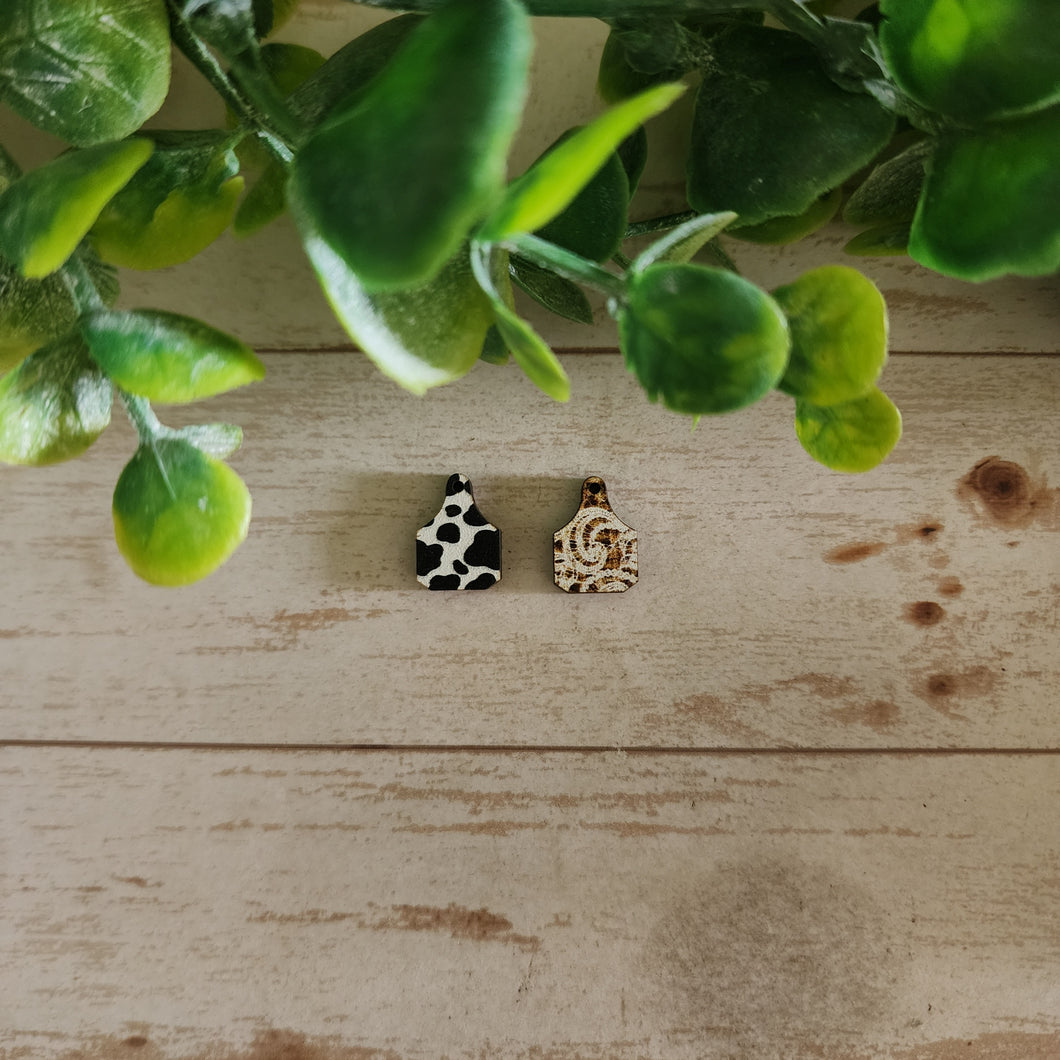 Patterned Wood Cow Tag Studs