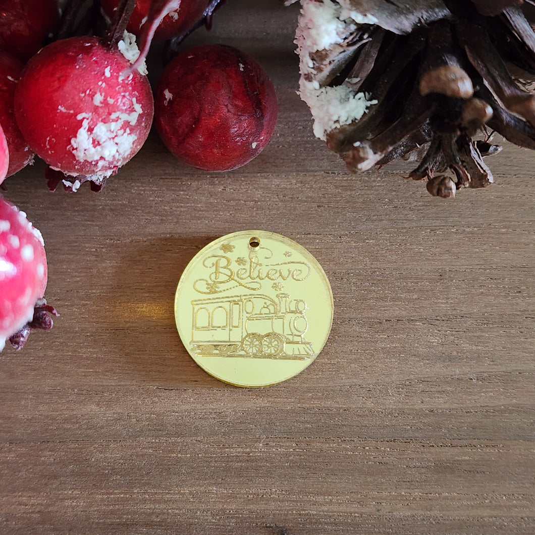 Christmas Believe PE Train Mirror Acrylic Round Drop