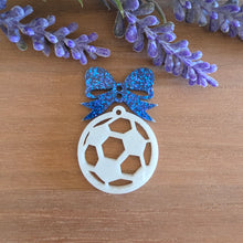 Load image into Gallery viewer, School Spirit Large Bow &amp; Cutout Soccer Ball Acrylic 2 Piece Drop
